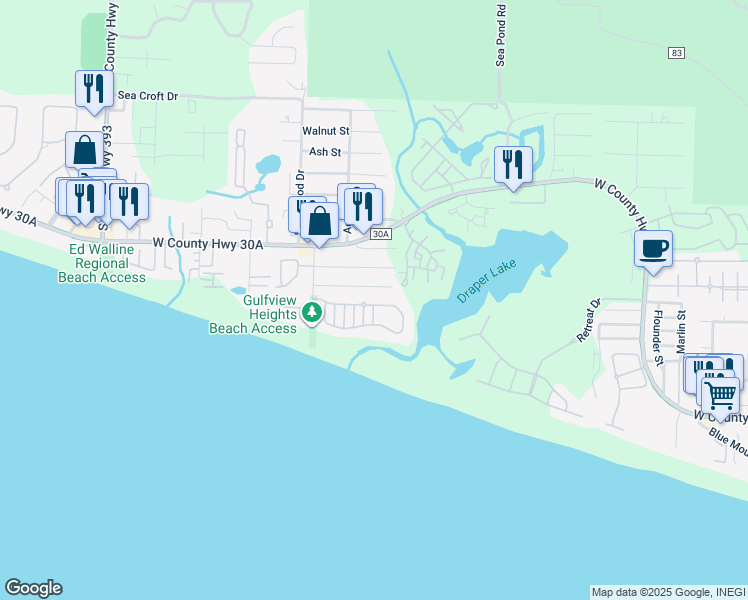 map of restaurants, bars, coffee shops, grocery stores, and more near 161 Old Beach Road in Santa Rosa Beach