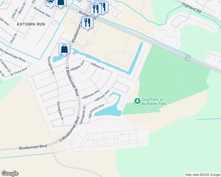 map of restaurants, bars, coffee shops, grocery stores, and more near 10770 Hillrose Avenue in Baton Rouge