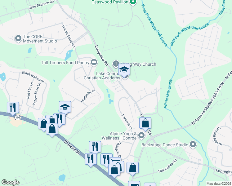 map of restaurants, bars, coffee shops, grocery stores, and more near 2101 Longmire Road in Conroe