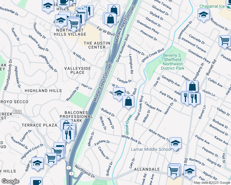 map of restaurants, bars, coffee shops, grocery stores, and more near 3102 Hunt Trail in Austin