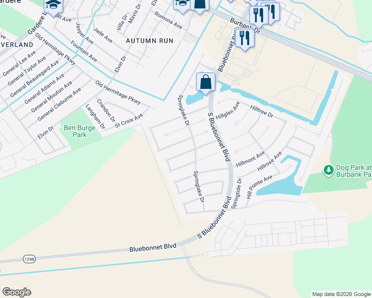 map of restaurants, bars, coffee shops, grocery stores, and more near 10355 Springpark Avenue in Baton Rouge