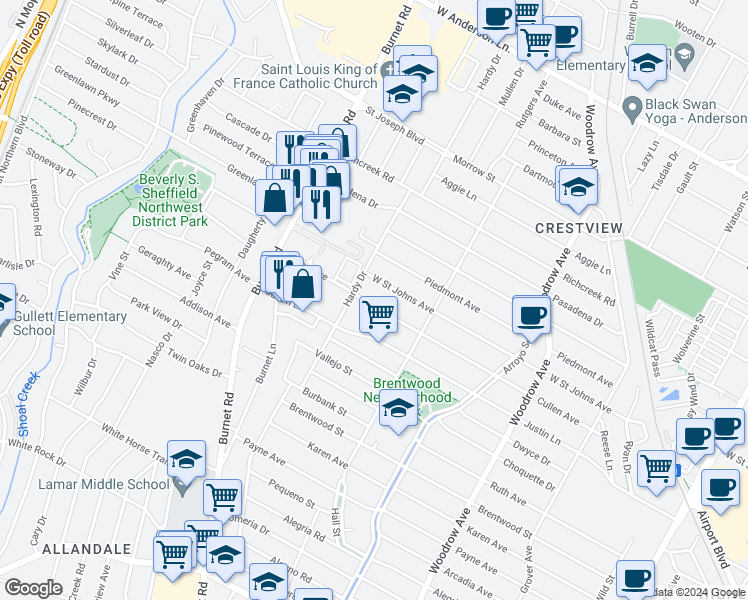 map of restaurants, bars, coffee shops, grocery stores, and more near 1908 Cullen Avenue in Austin