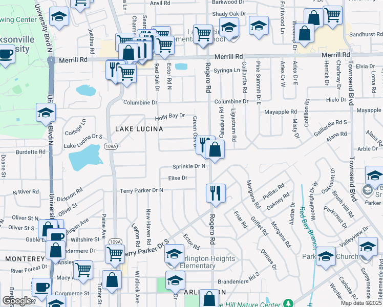 map of restaurants, bars, coffee shops, grocery stores, and more near 6340 Pine Summit Drive in Jacksonville