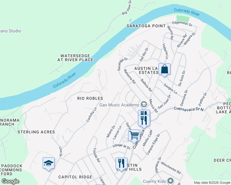 map of restaurants, bars, coffee shops, grocery stores, and more near 2000 Lipan Trail in Austin