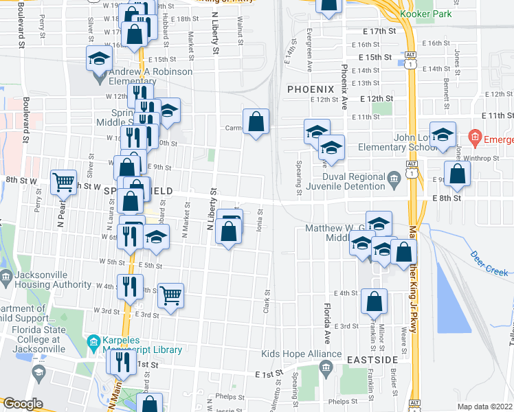 map of restaurants, bars, coffee shops, grocery stores, and more near 452 Evergreen Avenue in Jacksonville