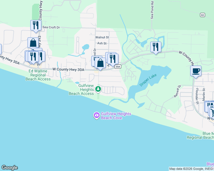 map of restaurants, bars, coffee shops, grocery stores, and more near 73 Old Beach Road in Santa Rosa Beach
