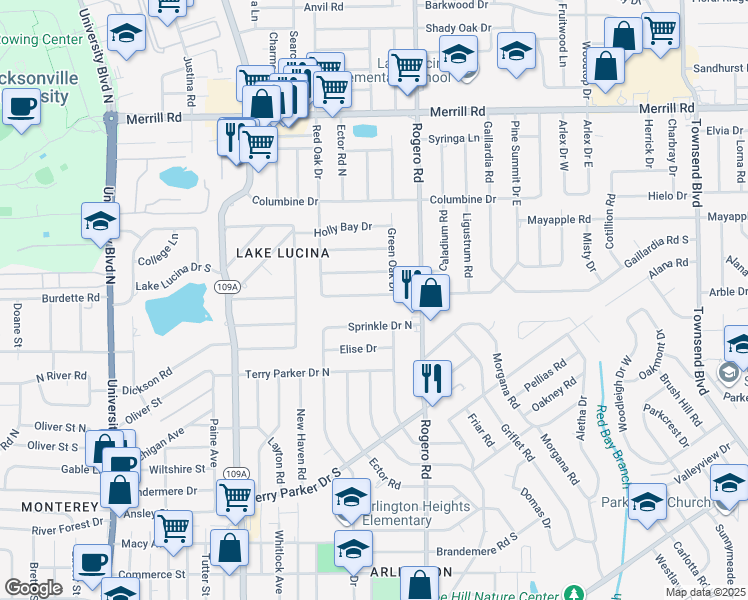 map of restaurants, bars, coffee shops, grocery stores, and more near 6340 Pine Summit Drive in Jacksonville