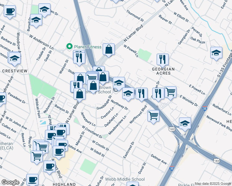 map of restaurants, bars, coffee shops, grocery stores, and more near 7801 Guadalupe Street in Austin
