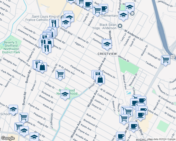 map of restaurants, bars, coffee shops, grocery stores, and more near 1704 Piedmont Avenue in Austin