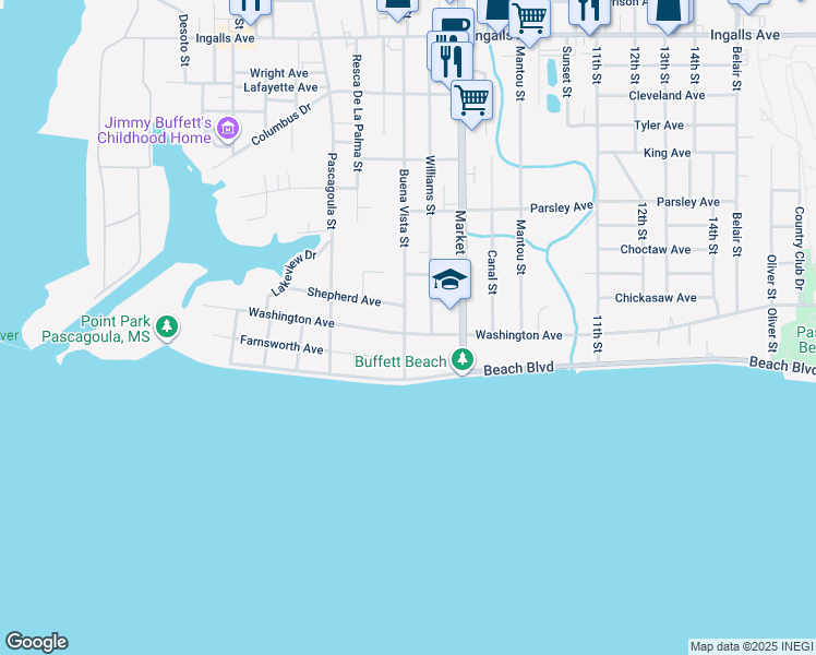 map of restaurants, bars, coffee shops, grocery stores, and more near 1403 Washington Avenue in Pascagoula