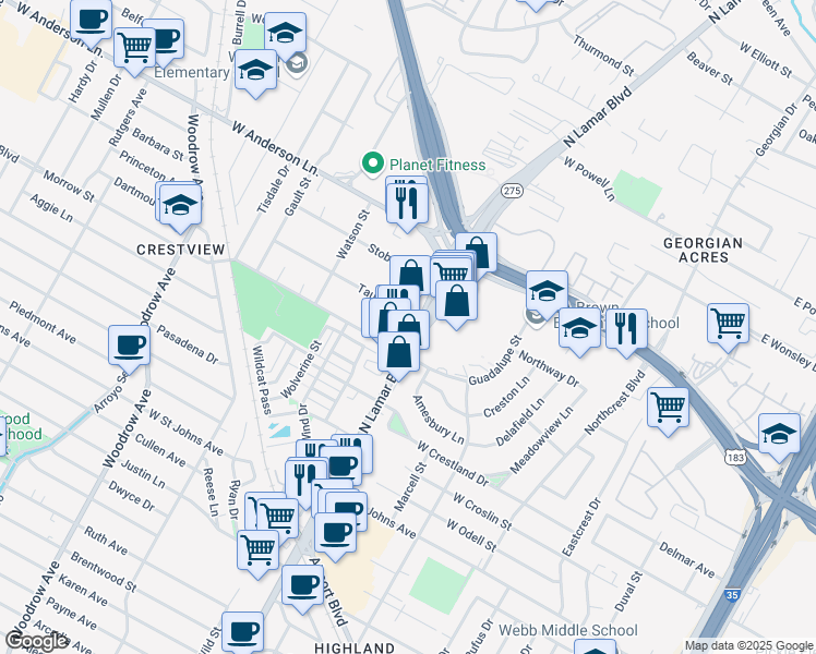 map of restaurants, bars, coffee shops, grocery stores, and more near 7614 North Lamar Boulevard in Austin