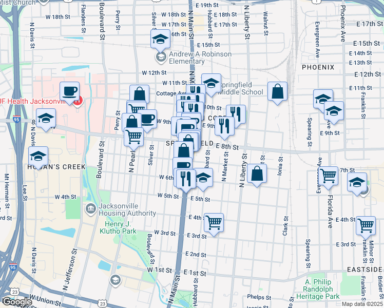 map of restaurants, bars, coffee shops, grocery stores, and more near in Jacksonville