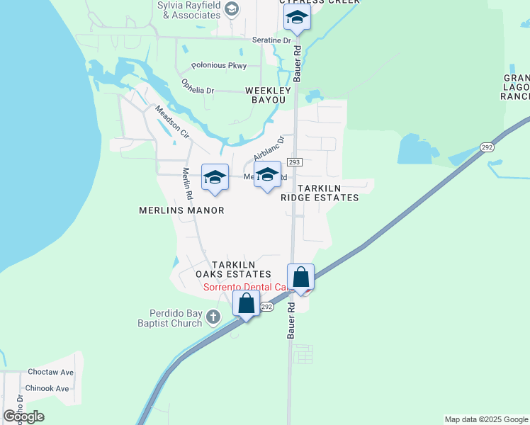 map of restaurants, bars, coffee shops, grocery stores, and more near 4110 Bauer Road in Pensacola