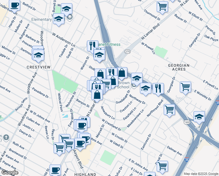 map of restaurants, bars, coffee shops, grocery stores, and more near 7701 North Lamar Boulevard in Austin