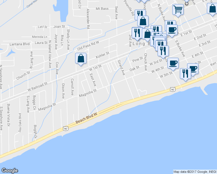map of restaurants, bars, coffee shops, grocery stores, and more near 503 Magnolia Street in Long Beach