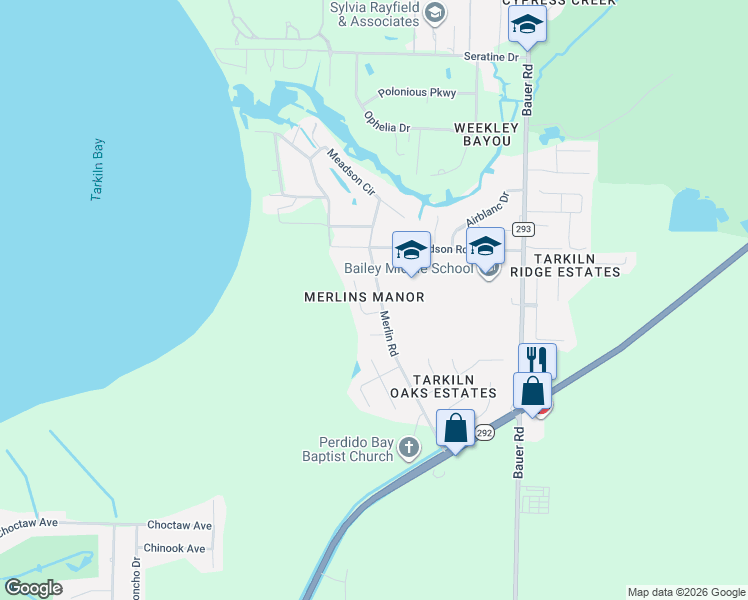 map of restaurants, bars, coffee shops, grocery stores, and more near 1971 Merlin Road in Pensacola