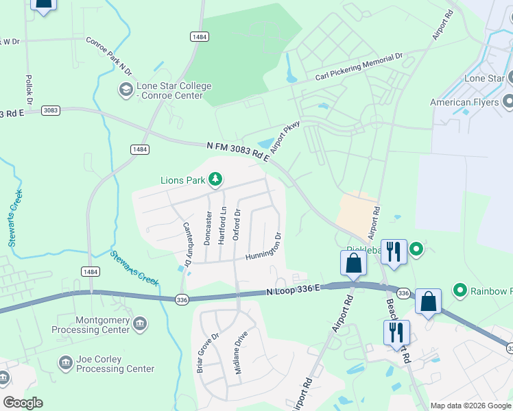 map of restaurants, bars, coffee shops, grocery stores, and more near 305 Bedford Lane in Conroe
