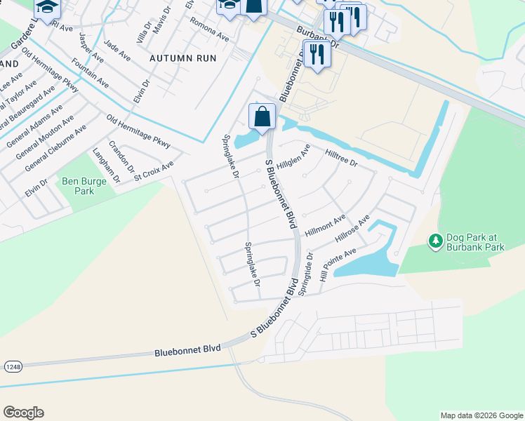 map of restaurants, bars, coffee shops, grocery stores, and more near 10456 Springpark Avenue in Baton Rouge
