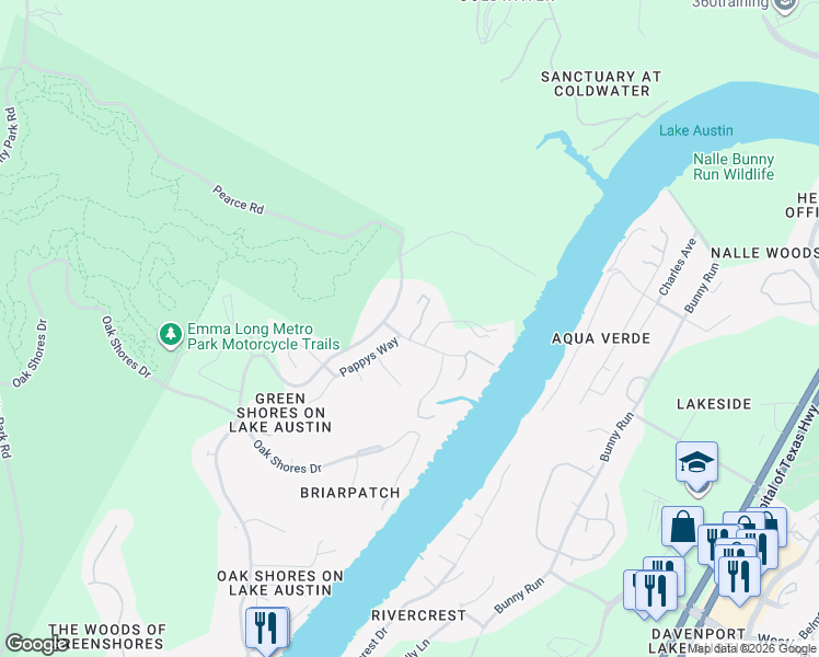map of restaurants, bars, coffee shops, grocery stores, and more near 7208 Greenshores Drive in Austin