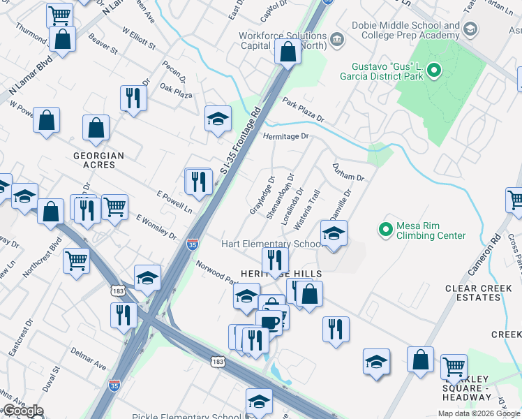 map of restaurants, bars, coffee shops, grocery stores, and more near 8301 Grayledge Drive in Austin