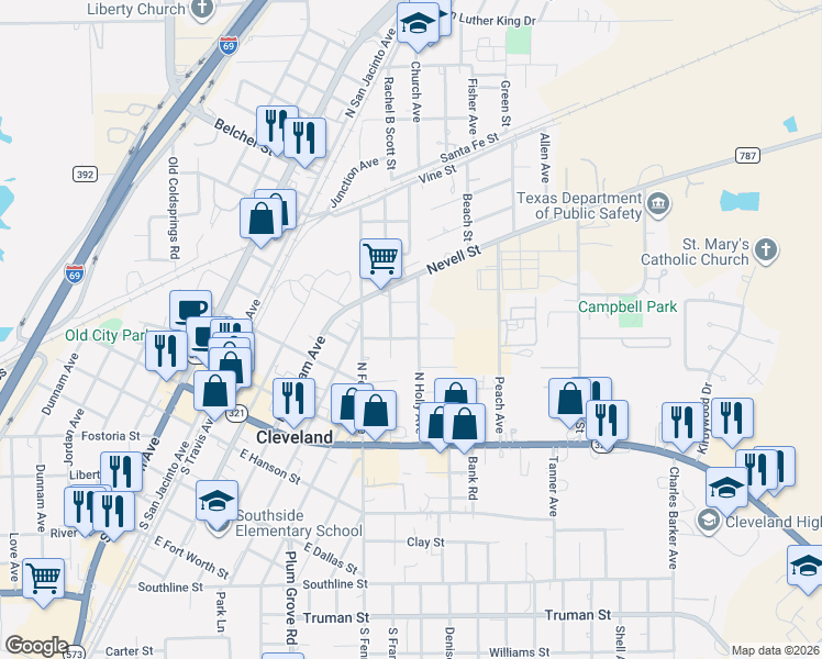 map of restaurants, bars, coffee shops, grocery stores, and more near 405 North Holly Avenue in Cleveland