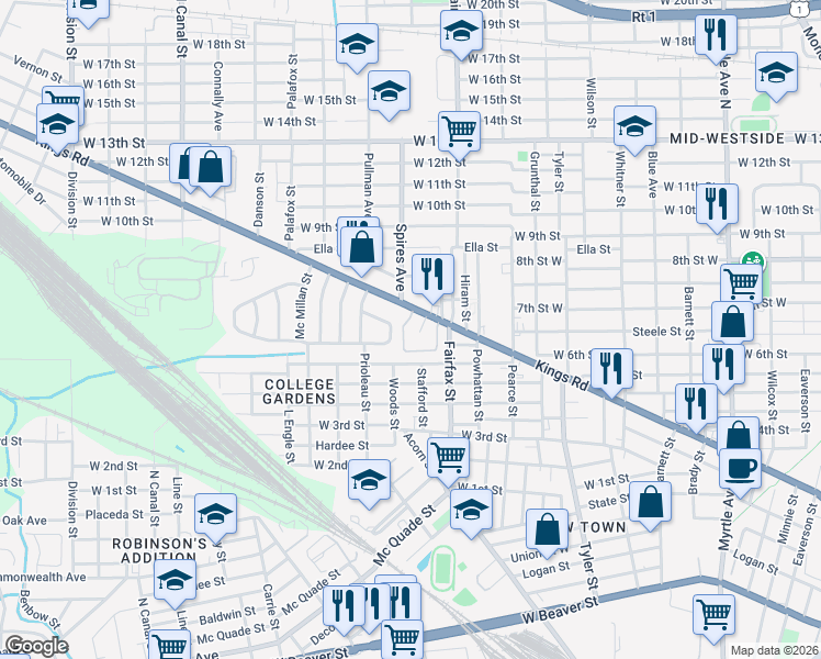 map of restaurants, bars, coffee shops, grocery stores, and more near 1850 Kings Road in Jacksonville
