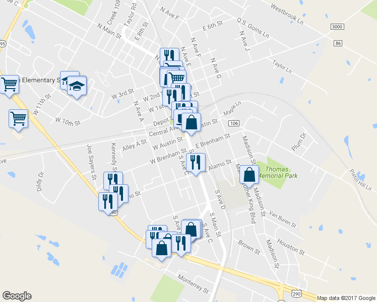 map of restaurants, bars, coffee shops, grocery stores, and more near 300 South Main Street in Elgin