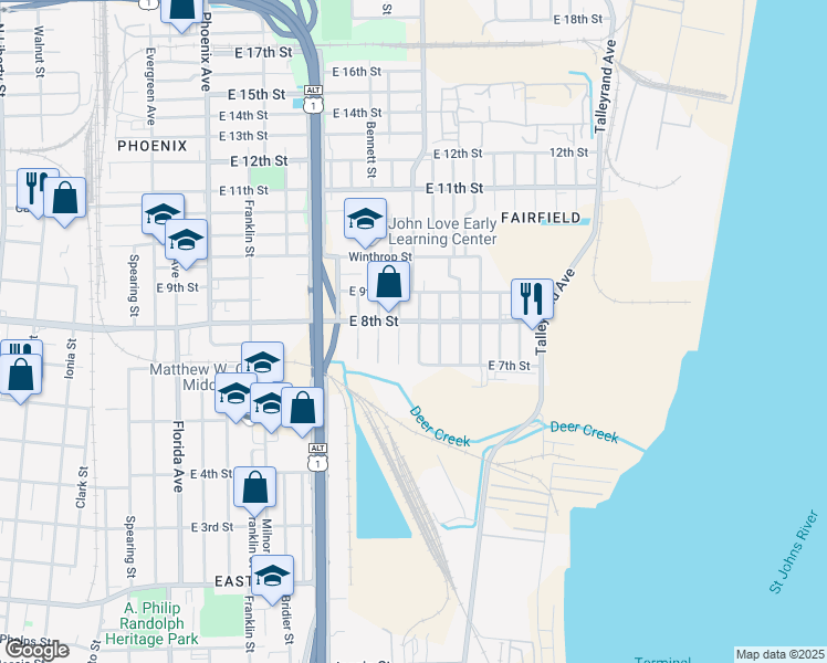 map of restaurants, bars, coffee shops, grocery stores, and more near 1746 Lambert Street in Jacksonville