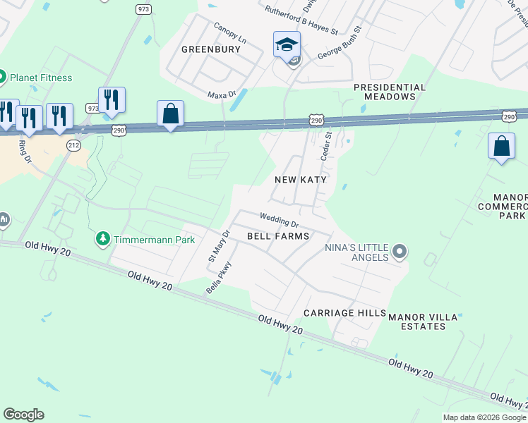 map of restaurants, bars, coffee shops, grocery stores, and more near 12812 Wedding Drive in Manor