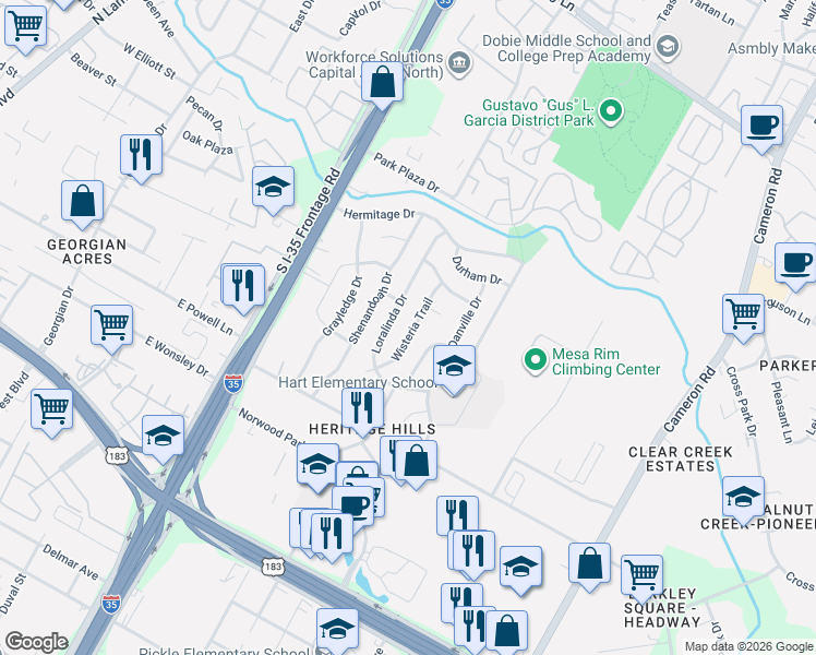 map of restaurants, bars, coffee shops, grocery stores, and more near 1022 Wisteria Trail in Austin
