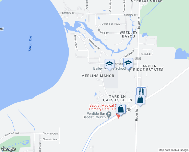 map of restaurants, bars, coffee shops, grocery stores, and more near 821 Merlin Terrace in Pensacola
