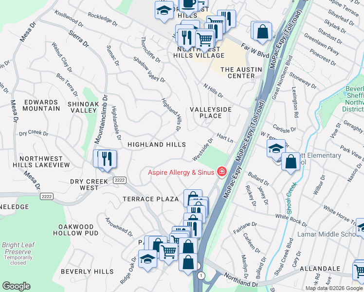 map of restaurants, bars, coffee shops, grocery stores, and more near 5933 Highland Hills Drive in Austin