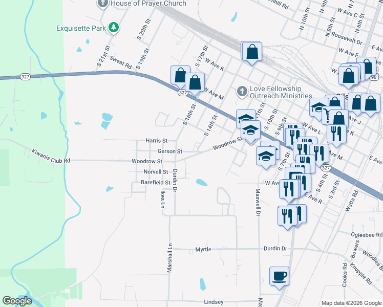 map of restaurants, bars, coffee shops, grocery stores, and more near 1010 Woodrow Street in Silsbee
