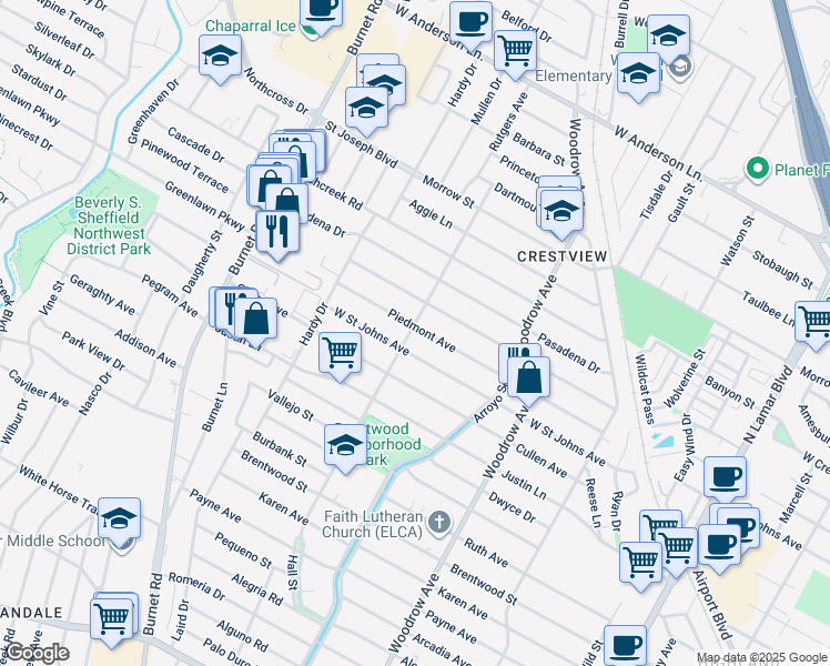 map of restaurants, bars, coffee shops, grocery stores, and more near 1719 Piedmont Avenue in Austin