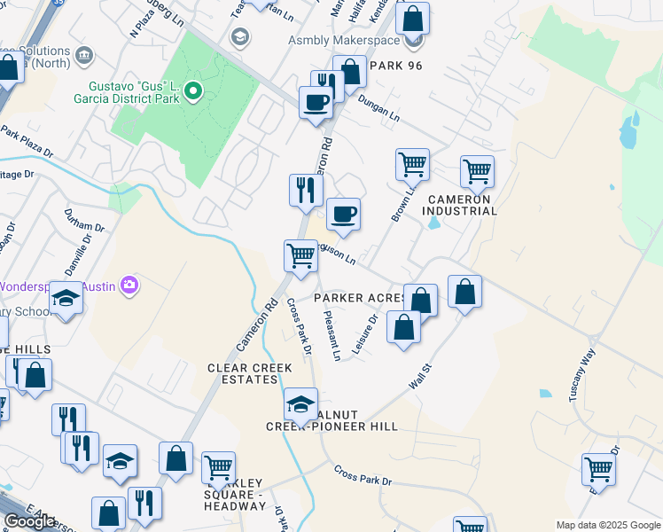 map of restaurants, bars, coffee shops, grocery stores, and more near 1505 Ferguson Lane in Austin
