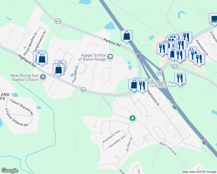 map of restaurants, bars, coffee shops, grocery stores, and more near 17812 Crossing View Court in Baton Rouge