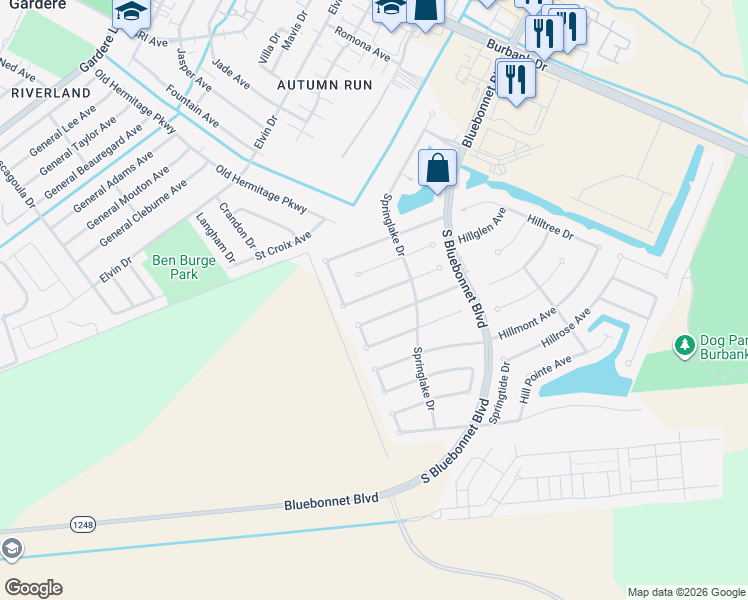 map of restaurants, bars, coffee shops, grocery stores, and more near 10222 Springdale Avenue in Baton Rouge