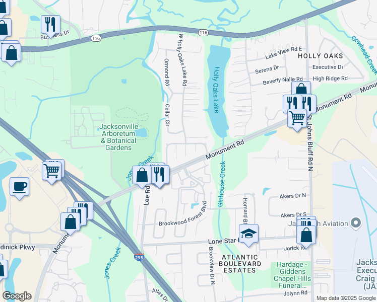 map of restaurants, bars, coffee shops, grocery stores, and more near 1473 West Holly Oaks Lake Road in Jacksonville