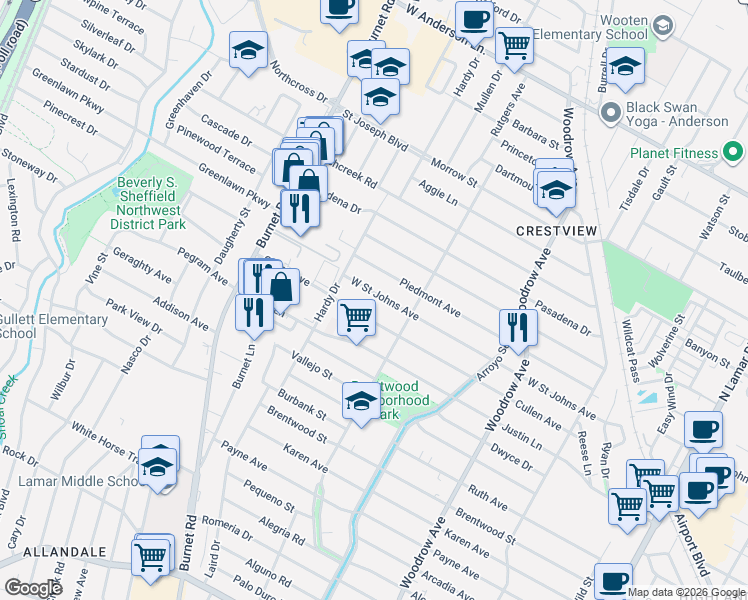 map of restaurants, bars, coffee shops, grocery stores, and more near 1812 West Saint Johns Avenue in Austin