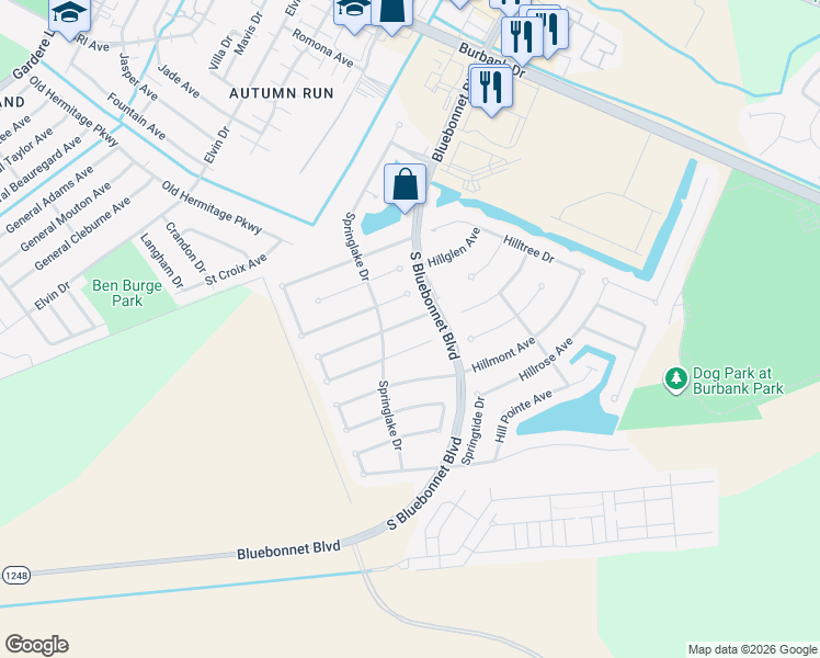 map of restaurants, bars, coffee shops, grocery stores, and more near 10456 Springpark Avenue in Baton Rouge