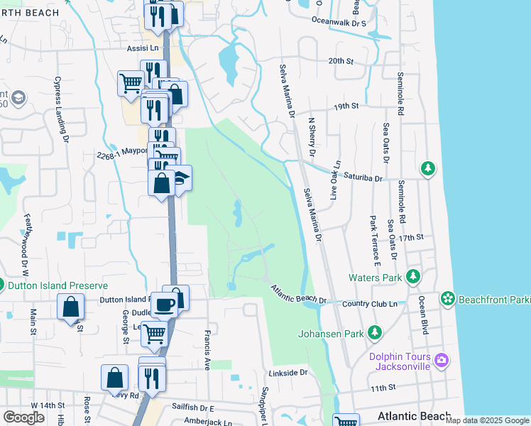 map of restaurants, bars, coffee shops, grocery stores, and more near 534 Atlantic Beach Court in Jacksonville
