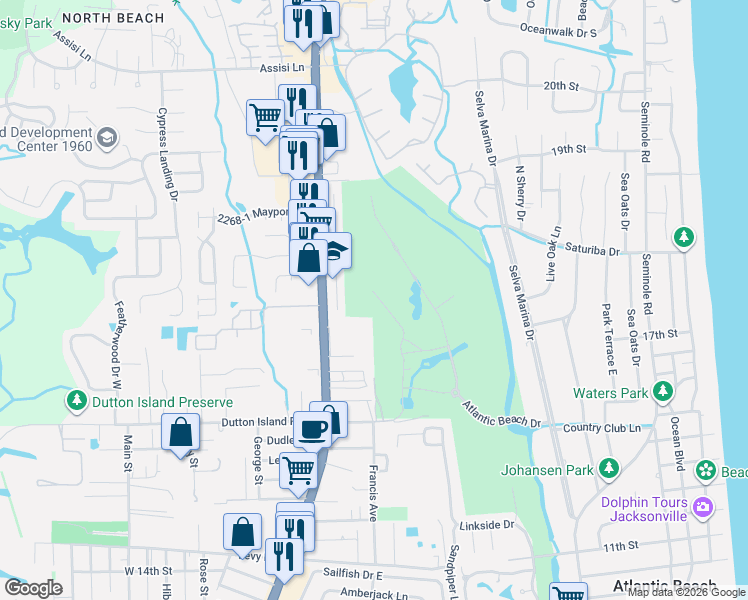 map of restaurants, bars, coffee shops, grocery stores, and more near 1752 Maritime Oak Drive in Atlantic Beach