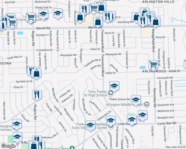 map of restaurants, bars, coffee shops, grocery stores, and more near 2454 Marble Drive in Jacksonville