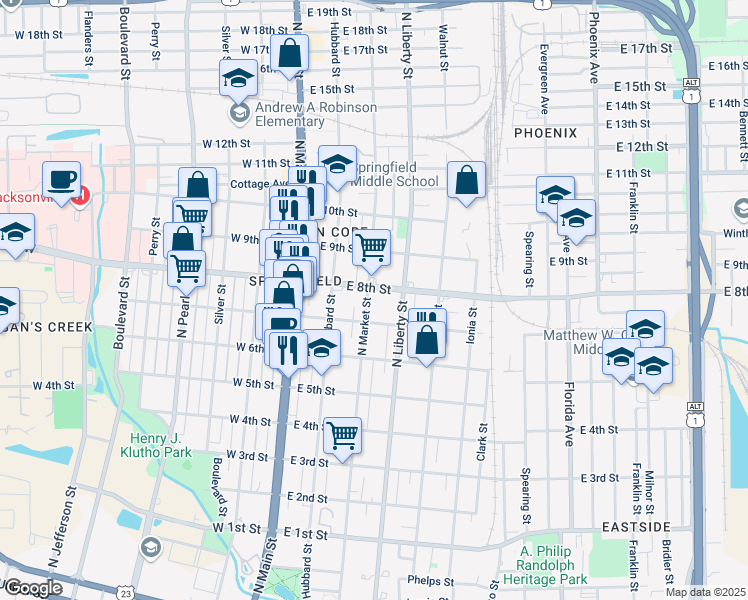 map of restaurants, bars, coffee shops, grocery stores, and more near 150 East 8th Street in Jacksonville