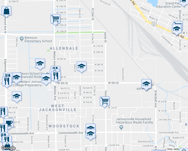map of restaurants, bars, coffee shops, grocery stores, and more near 2855 West 6th Street in Jacksonville