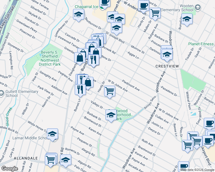 map of restaurants, bars, coffee shops, grocery stores, and more near 1908 Cullen Avenue in Austin