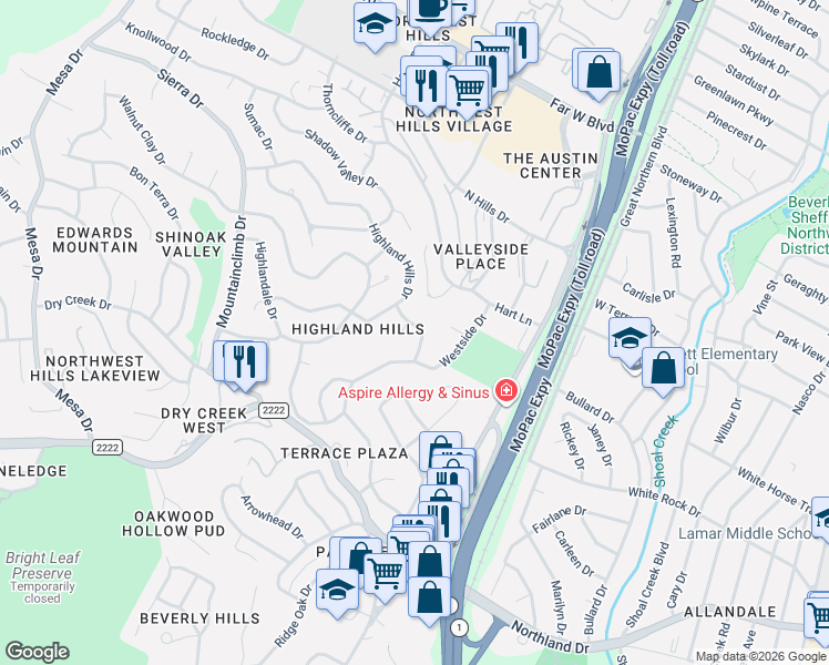 map of restaurants, bars, coffee shops, grocery stores, and more near 5933 Highland Hills Dr in Austin