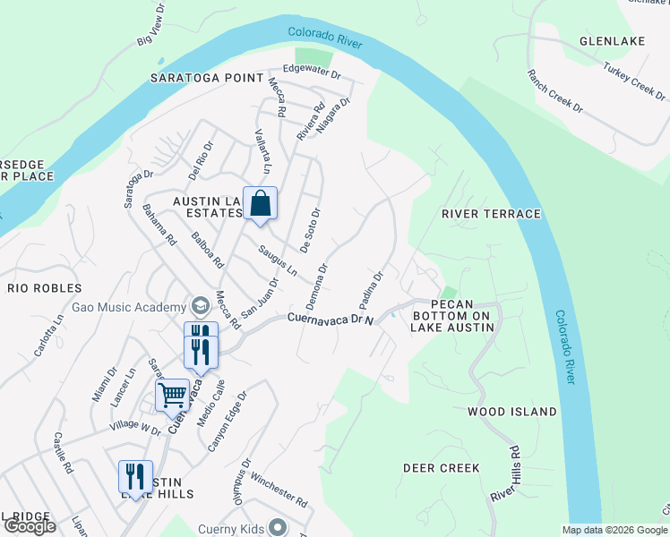 map of restaurants, bars, coffee shops, grocery stores, and more near 2415 Demona Drive in Austin