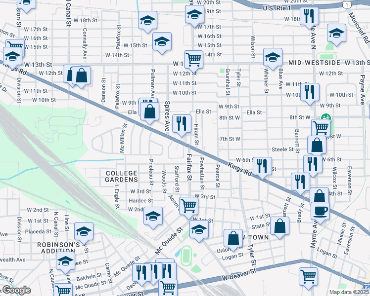 map of restaurants, bars, coffee shops, grocery stores, and more near 1834 Kings Road in Jacksonville
