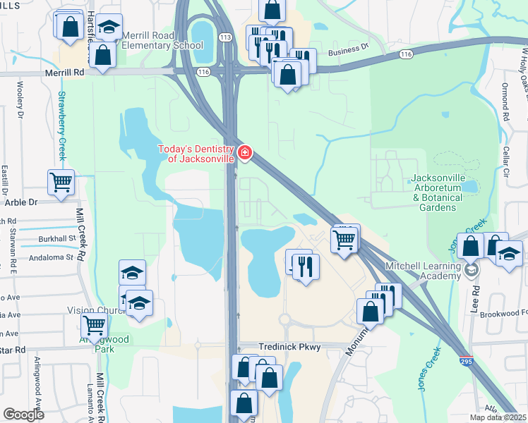 map of restaurants, bars, coffee shops, grocery stores, and more near 1509 Fieldview Drive in Jacksonville